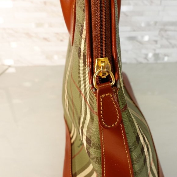 Vintage Burberry Bag Women Leather Large Plaid Dome Haymarket Check Brown Green - Picture 11 of 16